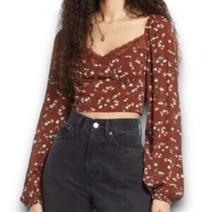 BP Ditsy Brown Floral Long Sleeve Crop Top Lace Neckline Lightweight Smocked XXS